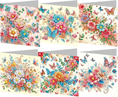 6pcs DIY Flower Butterfly Diamond Art Painting Greeting Cards Kit, Rhinestone Art Holiday Birthday Card Set with Envelopes, DIY Festival Craft for Girlfriend, Christmas Valentine Gift Making Supplies