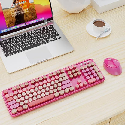 Wireless Keyboard and Mouse Combo, Retro Typewriter Keyboard with Round Keycaps, Full-Size Ergonomic, Red, Ideal for Windows PC, Home, Office, and College, Wireless Keyboard Mouse Combo