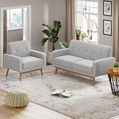 HUIMO Living Room Set, Button Tufted Living Room Furniture Sets, Upholstered Modern Couch Set with Solid Frame, Deep Seat Sofa Set for Living Room, Office (Light Grey, 2 Piece Set-loveseat+Chair)