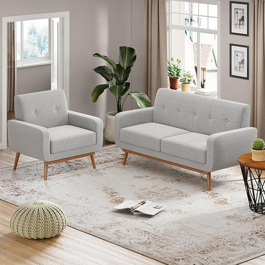 HUIMO Living Room Set, Button Tufted Living Room Furniture Sets, Upholstered Modern Couch Set with Solid Frame, Deep Seat Sofa Set for Living Room, Office (Light Grey, 2 Piece Set-loveseat+Chair)