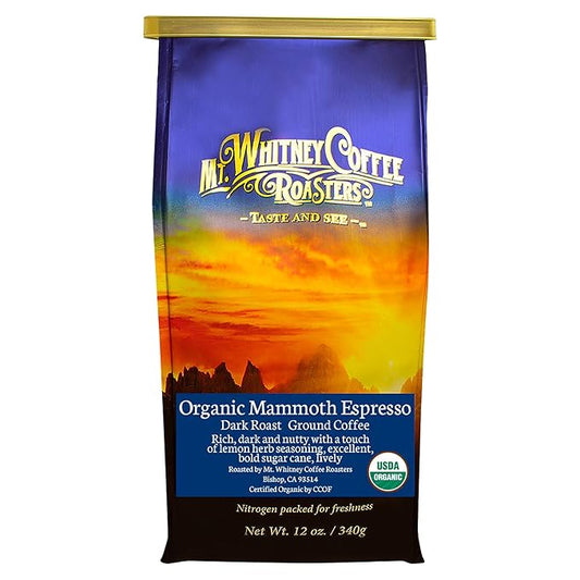 Mt. Whitney Organic Mammoth Espresso, Low Acid Coffee (Ground 12 Oz)