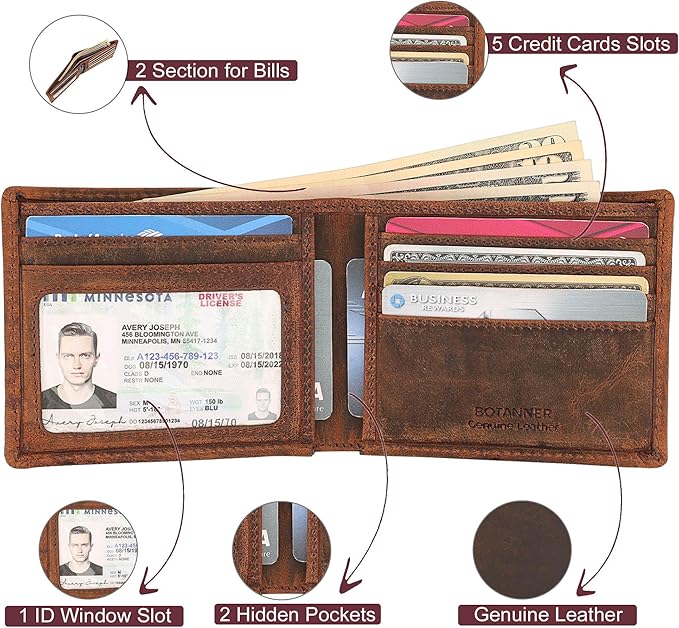 Genuine Leather Bifold Mens Wallet RFID Blocking 5 Credit Card Slots 1 ID Window 2 Sections for Bills 2 Additional Slots | Brown