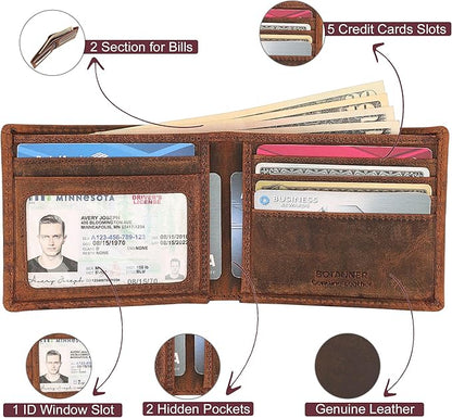Genuine Leather Bifold Mens Wallet RFID Blocking 5 Credit Card Slots 1 ID Window 2 Sections for Bills 2 Additional Slots | Brown