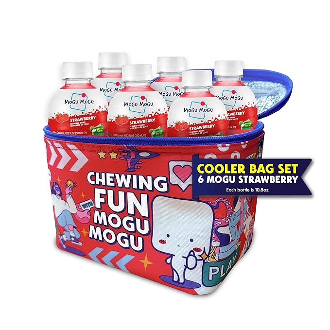 Mogu Mogu Strawberry Juice Drink (6 Bottles) with Limited Edition Cooler Bag – Chewy & Fun Strawberry Juice with Nata de Coco | Refreshing Drink for Kids & Adults | Ready to Drink Beverage Set