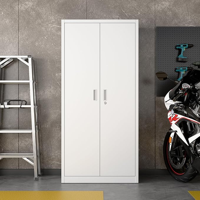 71"H×34"W×18"D Metal Garage Storage Cabinet with Lock and Pegboard, Steel Lockable File Cabinet with 2 Doors and 5 Adjustable Shelves for Office,Home,Garage, Storage, Assembly Required, White
