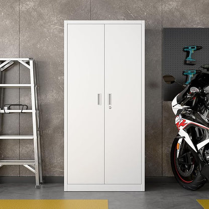 71"H×34"W×18"D Metal Garage Storage Cabinet with Lock and Pegboard, Steel Lockable File Cabinet with 2 Doors and 5 Adjustable Shelves for Office,Home,Garage, Storage, Assembly Required, White