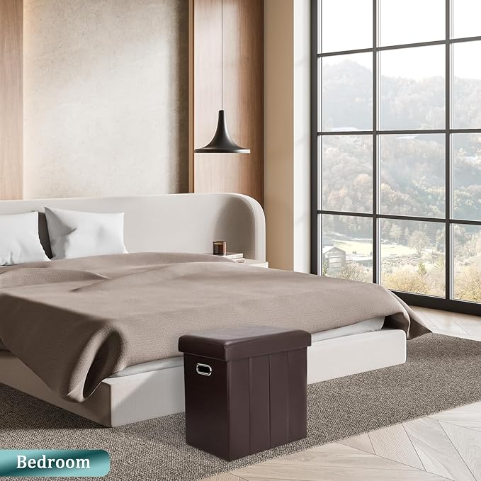 Tall Ottoman with Storage, Faux Leather Collapsible Slim Folding Ottoman Furniture with Handles Lid for Room Footrest Foot Stool, Brown 16.5x16.5x11.8in