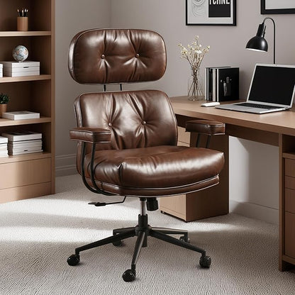 Ergonomic Home Office Chair with Lumbar Support, Faux Leather Mid Century Modern Desk Chair, Big and Tall Executive Chair for Long Hours