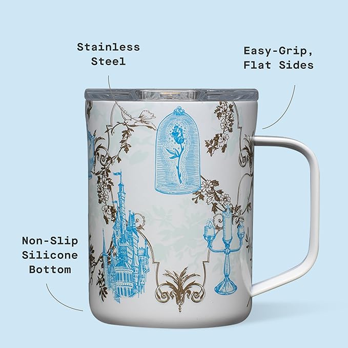 Corkcicle Classic Coffee Mug - Triple Insulated Stainless Steel for Travel - Shatter-Proof Lid - Keeps Drink Hot Over 3 Hours - Holiday Mug Gift - Great for Gifting Warmth - 16 oz - Princess Belle