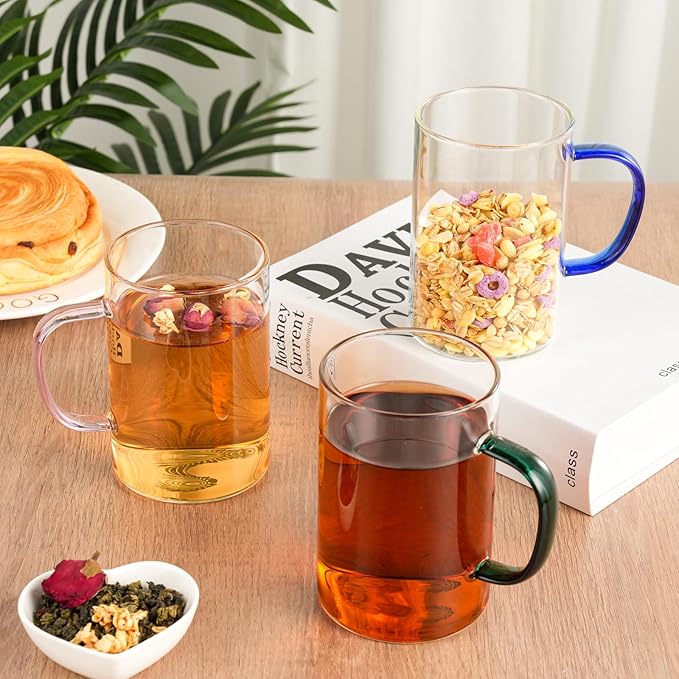 Glass Tea Cups Set of 4, Clear Borosilicate Glass Teacups with Handle for Tealover, Dishwasher & Microwave Safe Large Coffee Mugs for Espresso Cappuccino Latte Juice, 17OZ/500ML