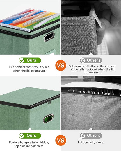Oterri 1 Pack File Organizer Boxes with Lids, File Box with Mesh Pockets, Document Organizer Box for File Folders Letter Size, Zippers Filing Box for Home, Office, School (Green, Without Folders)