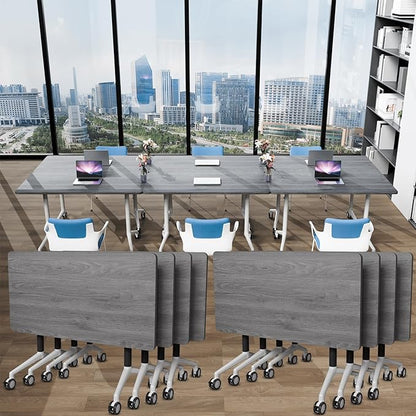 Conference Table Folding Conference Room Tables, Modern Mobile Meeting Training Table with Silent Wheels, Foldable Seminar Table for Offices, Classrooms, Libraries (8, Grey2, 55.1in)