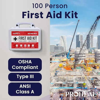 100 Person OSHA Compliant First Aid Kit for Businesses, Vehicles, Trucks, Construction Site - Type III, ANSI Class A Emergency Kit - 364 Piece Essential First Aid Supplies