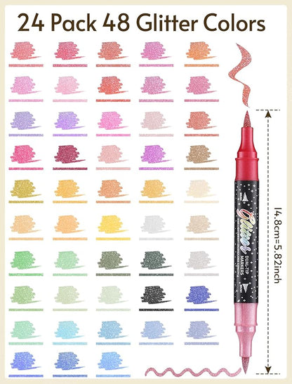 48 Colors Glitter Markers Pens Dual Tip 24 Pack Glitter Brush Markers Professional Glitter Paint Pens Set Sparkle Pen for Coloring, Journals, Planners, Scrapbooking & Card Making