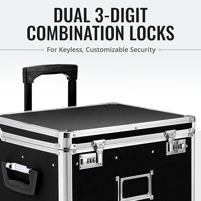 Vaultz Portable File Storage Box with Handle - 14.5" x 17.5" x 15.5" Letter/Legal Size Mobile Lock Box - Double Combination Locking Cabinet - Black