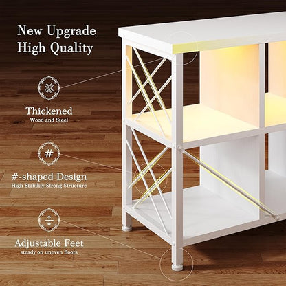 8 Cube Storage Organizer with LED Light and Charging Station, Wood and Metal Cube Shelf, White Horizontal Book Shelf for Bedroom, Home Office