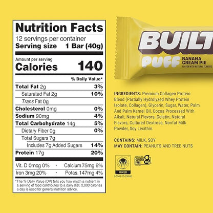 Built Bar, Puff Protein Bars, Banana Cream Pie Puff, 17g Protein Snacks, On-The-Go Bars, Only 140 Calories, 6g Sugar, Collagen, Gluten Free, 12 Count