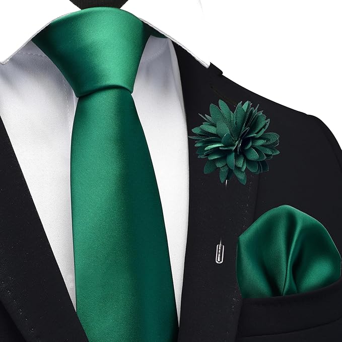 Branduce 3.15"（8cm） Pre-tied Adjustable Zipper Tie and Lapel Pin Solid Necktie Handkerchief Set for Men