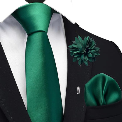 Branduce 3.15"（8cm） Pre-tied Adjustable Zipper Tie and Lapel Pin Solid Necktie Handkerchief Set for Men