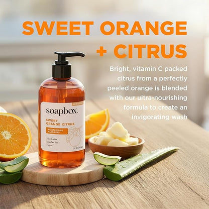 Soapbox Liquid Hand Soap, Sweet Orange Citrus - Gentle, Moisturizing Hand Cleanser, Aromatic & Soothing, Vegan & Cruelty Free Hand Wash for Kitchen and Bathroom, 12oz Pump Bottles (Pack of 3)