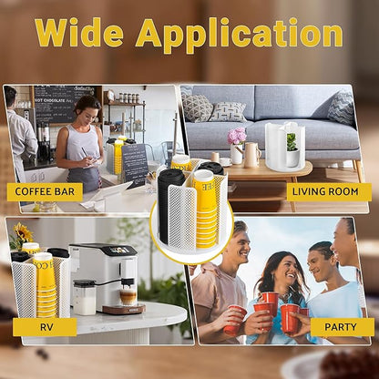 4-Compartment Rotating Paper Cup Holder & Coffee Cup Lid Storage Dispenser, Plastic Cup Dispenser Removable, Space-Saving Countertop Cup Holder for Coffee Bars, Kitchens (White)