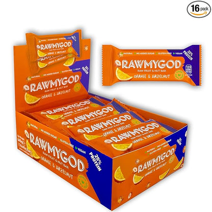 RAWMYGOD Fruit and Nut Bars, Good Source of Protein (10g, 25% protein content), Gluten Free, Vegan, No Added Sugar (16 bars, Orange & Hazelnut)