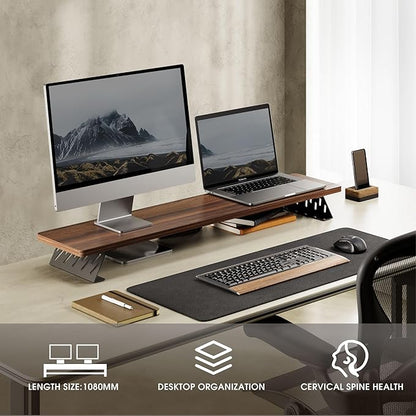 Fenge Dual Monitor Stand Riser, 42.5 Inch Desk Top Shelf for 2 Monitors, Computer Stands for Desk, Wood & Steel Desktop Riser for Laptop, PC, Printer