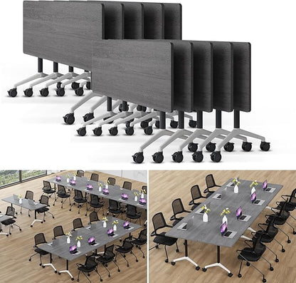 Folding Conference Table Modern Large Mobile Meeting Table Rolling Conference Room Tables with Wheels Seminar Tables for Office Training Classroom (10, Oak Grey, 70.9" D X 23.6" W X 29.5" H)