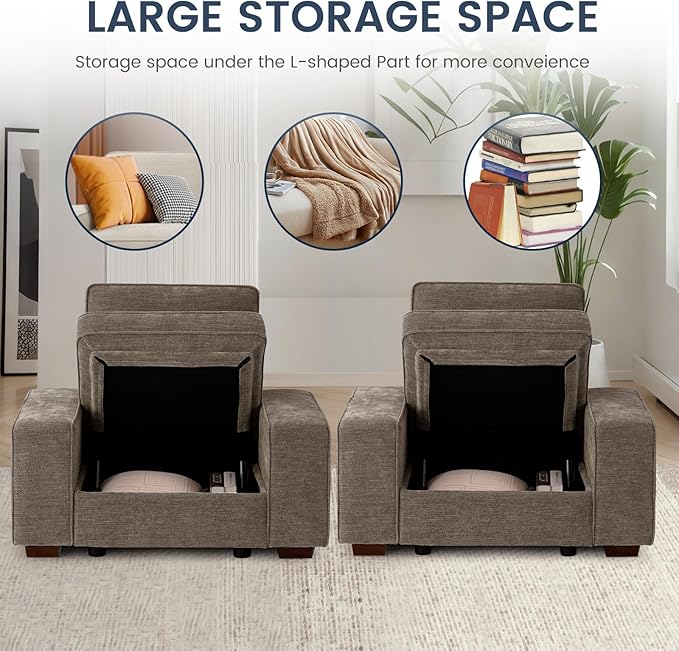 TEKAMON 45" Accent Chair with Seat Storage, Oversized Single Sofa Chair, Modern Chenille Fabric Armchair for Living Room/Office with Wide Armrests, Side Pockets, USB/Washable Covers(Brown)