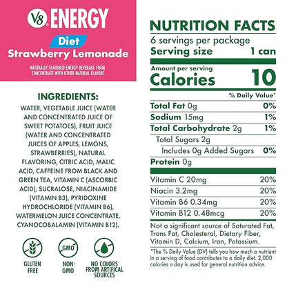 V8 Energy Diet Strawberry Lemonade Juice Energy Drink, 8 fl oz Can (6 Pack) (Case of 4)
