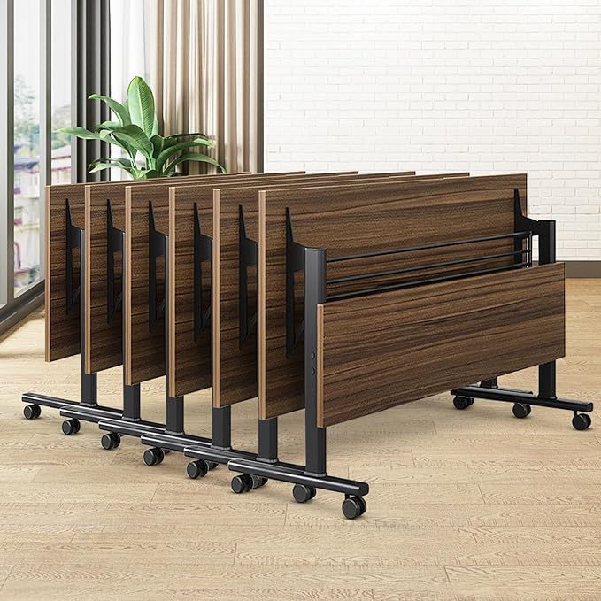 Conference Room Table, 55 Inch Folding Conference Tables with Wheels, Modern Office Meeting Table, Easy Flip & Nest Design, Rectangular Seminar Tables with Metal Frame for 2-24 People(D 6PCS)