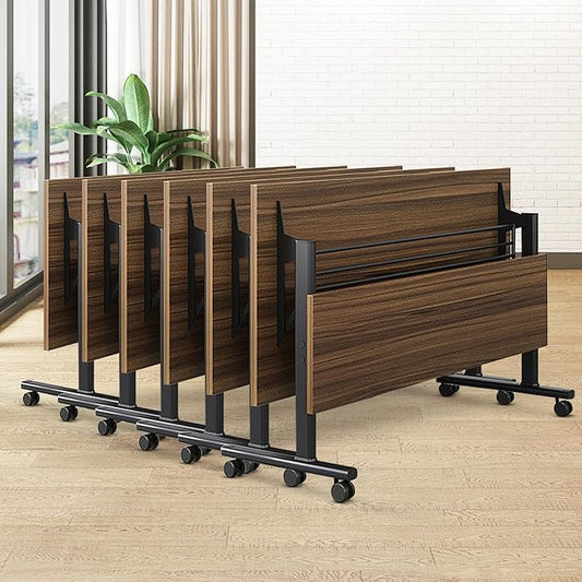 Conference Room Table, 55 Inch Folding Conference Tables with Wheels, Modern Office Meeting Table, Easy Flip & Nest Design, Rectangular Seminar Tables with Metal Frame for 2-24 People(D 6PCS)