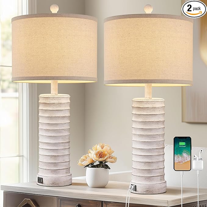 27.5'' Tall Farmhouse Table Lamps for Living Room Set of 2, Rustic Bedroom Lamps for Night Stands, Bedside Lamps with USB Ports for Bedroom Living Room, Nightstand Lamps for End Table, Hallway