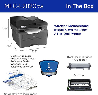 Brother MFC-L2820DW Wireless Compact Monochrome All-in-One Laser Printer with Copy, Scan and Fax, Duplex, Black & White | Includes Refresh Subscription Trial(1), Works with Alexa