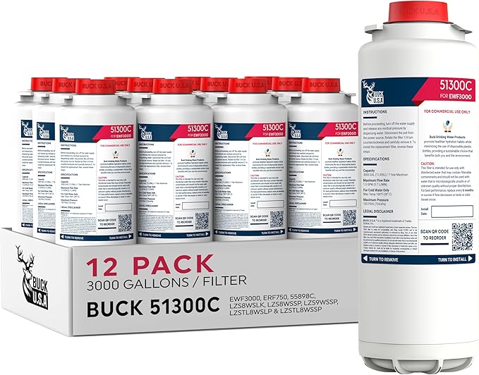 12 Pack Buck 51300C Replacement Filter for EWF3000 – Compatible with Elkay ezH2O Bottle Filling Stations, 3000 Gallons, 12 Months, No Chip, High-Performance Filtration, Easy Install, Fast Flow