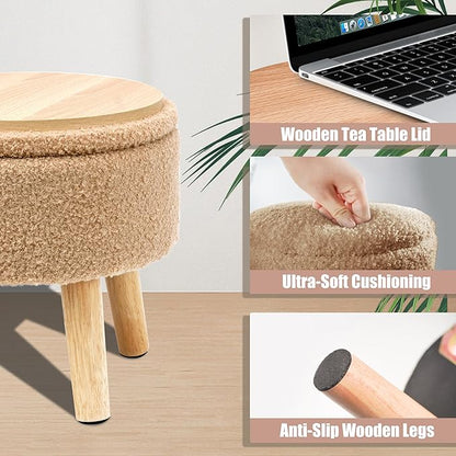 Poofzy Small Ottoman with Storage, Small Foot Stool Ottoman with Wood Legs, Sherpa Foot Rest for Couch, Living Room and Bedroom - Champagne