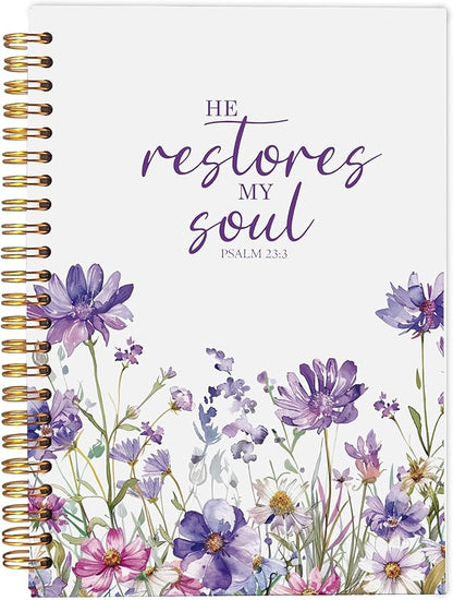 Christian Notebook for Women, Christian Art Gifts Journal, Prayer Journal for Women, Bible Journaling Notebook, PSALM 23:3 He Restores My Soul Floral Spiral Notebook 5.5x8.3