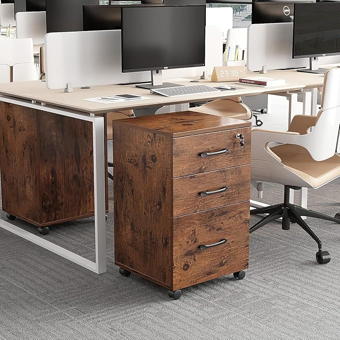 File Cabinet 3 Drawers with 1 Lock Wooden Rolling Mobile Filing Cabinet with Wheels for Home Office Under Desk File Cabinet Office Storage Cabinet, Brown