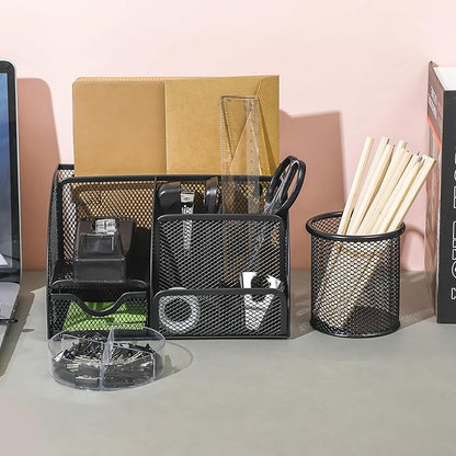Black Desk Organizer and Accessories, Black Desk Asccessories Office Supply Kit Include Mesh Desktop Organizer Stapler 1000 Staples Tape Dispenser Pen Holder Staple Remover Clips Ruler Scissors
