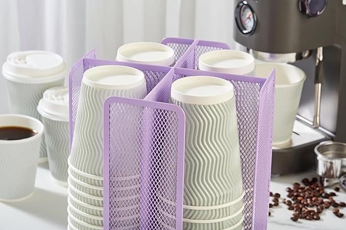 Annova Paper/Plastic Cup and Lid Holder Plastic Storage Organizer, 360°Rotating Coffee Mup Dispenser with 4 Compartments, Multifunctional Storage Rack for Home, Office, Bar, Coffee Shop (Lilac)