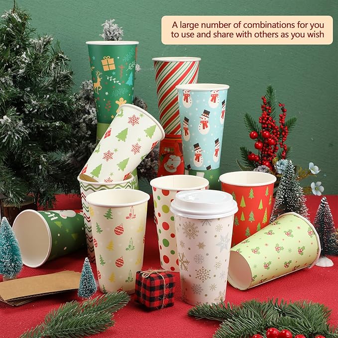 Tioncy 300 PCS/100 Set 16oz Christmas Paper Cups Christmas with Lids and Sleeves Disposable Coffee Cup Hot Chocolate Cocoa Cup Tea Coffee Paper Cups for Party Holidays Hot Cold Drinks(Stylish Style)