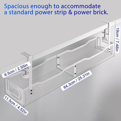Under Desk Cable Management Tray 25.3 Inch – No Damage Install, Cord Organizer for Office & Home, Wire Organizer for Desk Storage, White