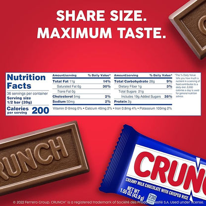 CRUNCH, Bulk 18 Pack, Milk Chocolate and Crisped Rice, Share Size Individually Wrapped Candy Bars, 2.75 oz Each