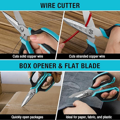 DURATECH 6.5-Inch Compact Electrician Scissors, 4-in-1 Multipurpose Scissors with TPR Comfort Grip, Serrated Blades for Cutting Copper Wire, Carpet, Leather, and Fabric
