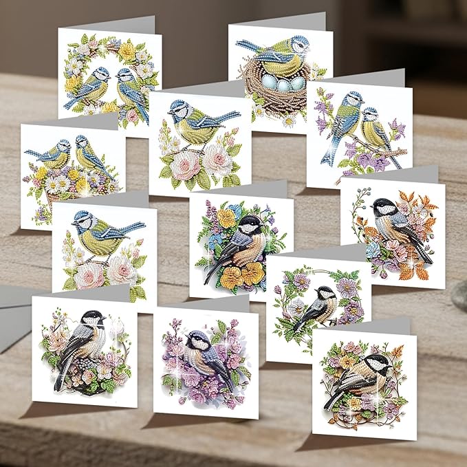 jinglinhh 12pcs Diamond Art Painting Bluebird Flower and Bird Nest Greeting Cards with Envelopes, DIY Card Making Kits for Adults, Diamond Art Postcards Christmas Cards Craft Gifts