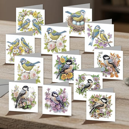jinglinhh 12pcs Diamond Art Painting Bluebird Flower and Bird Nest Greeting Cards with Envelopes, DIY Card Making Kits for Adults, Diamond Art Postcards Christmas Cards Craft Gifts
