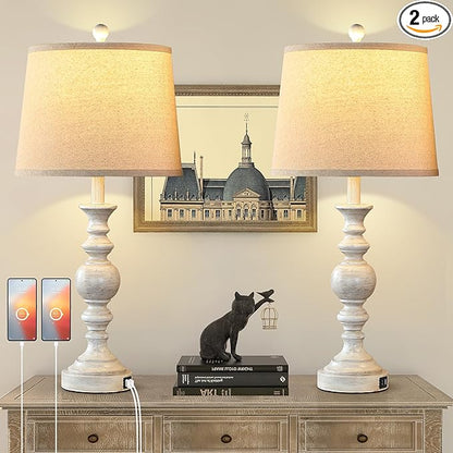 Farmhouse Lamp for Bedroom Set of 2, Rustic Table Lamp with Dual USB Charging Ports, 28" Tall Table Lamps with Linen Shade for Living Room, Bulb Not Included