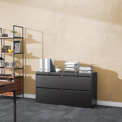 File Cabinets with Lock, 2 Drawer Locking Filing Cabinets for Home Office, Black Metal Heavy Duty Lateral Filie Cabinet for Hanging Letter/Legal/F4/A4 Size Files, Assembly Required