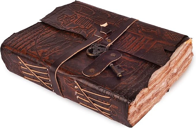 LEATHER VILLAGE Genuine Leather Handmade Journal for Men & Women – Vitruvian Man Embossed Cover – Key Closure – Book of Shadow – Vintage Deckle Edge Paper for Writing, Drawing – 7x5 Inches – Brown