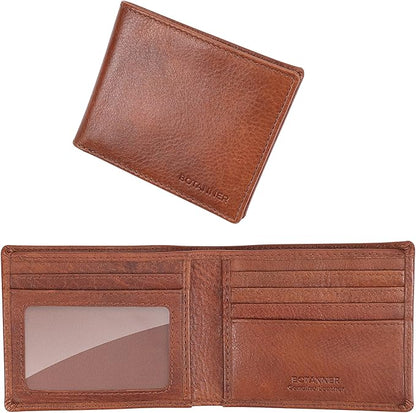 Genuine Leather Mens Bifold Wallet RFID Blocking 5 Credit Card Slots 1 ID Window 2 Sections for Bills 2 Additional Slots | Coffee brown